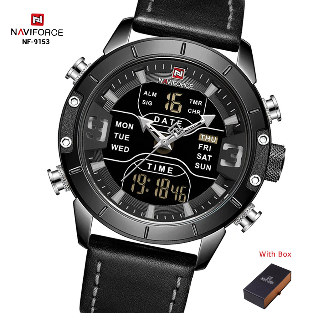 NAVIFORCE NF 9153L Luxury Brand Genuine Leather Men's Watch - Black Black