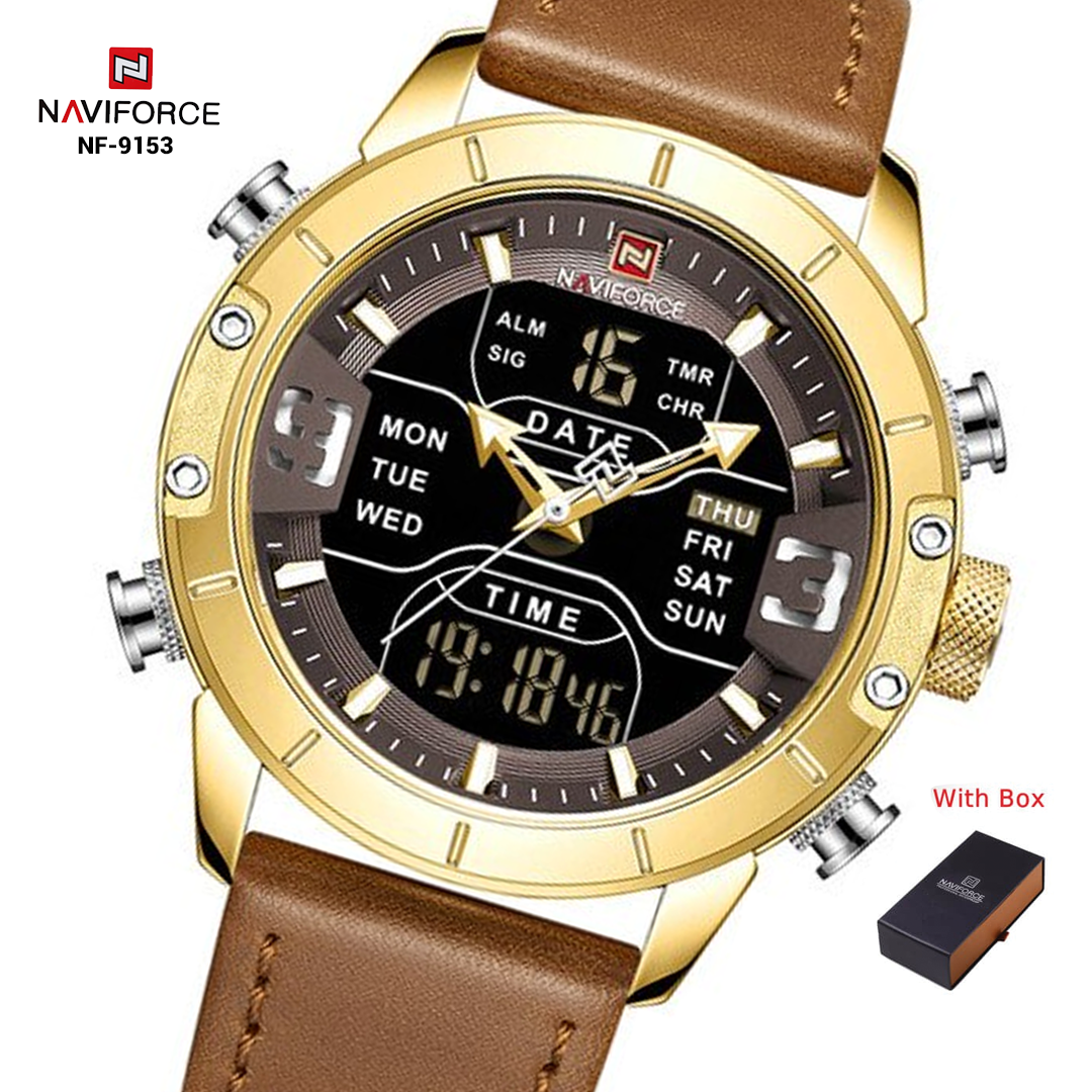 NAVIFORCE NF 9153L Luxury Brand Genuine Leather Men's Watch - Brown Gold