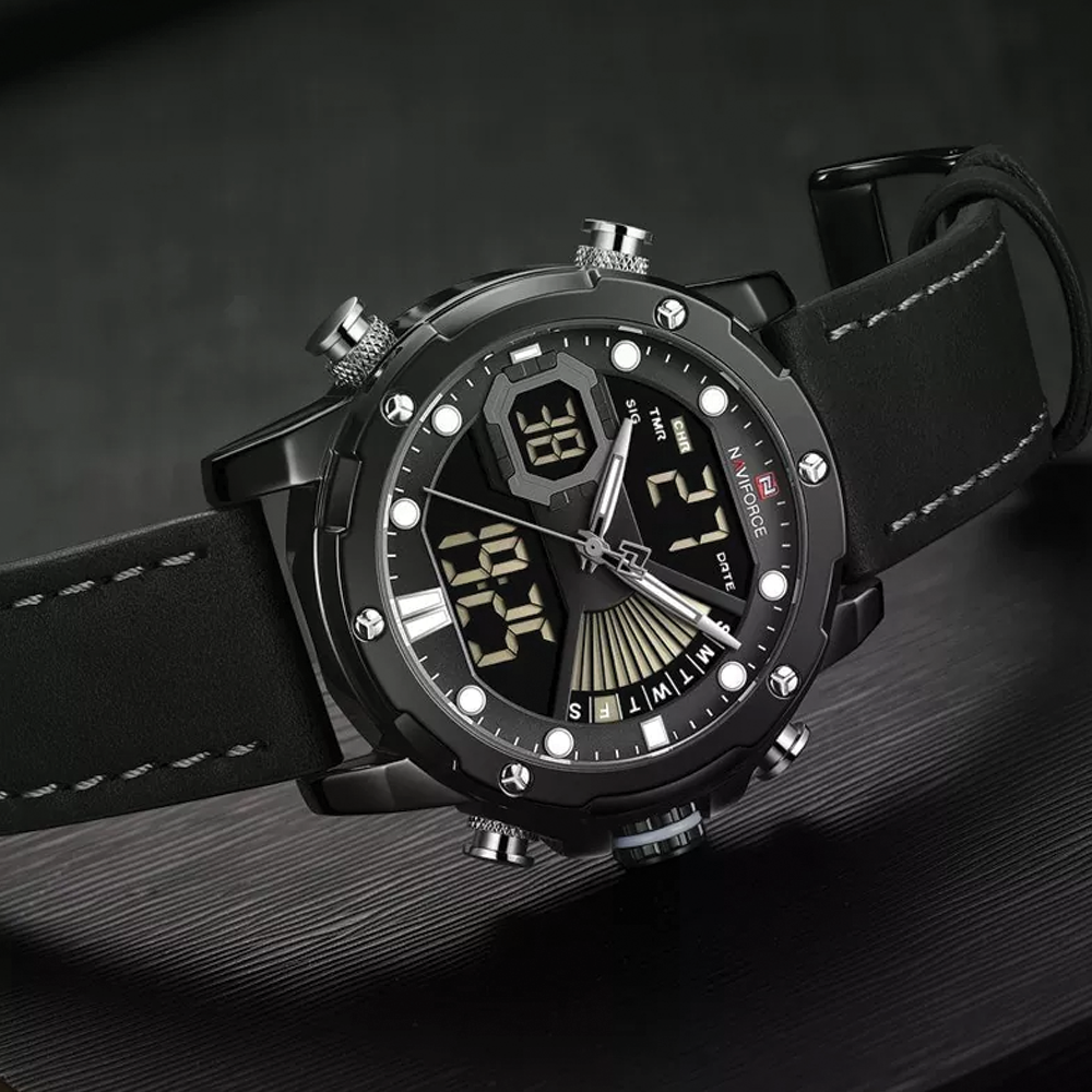 NAVIFORCE NF 9172L Leather Strap Dual Time Luminous Waterproof Men's Watch - Black