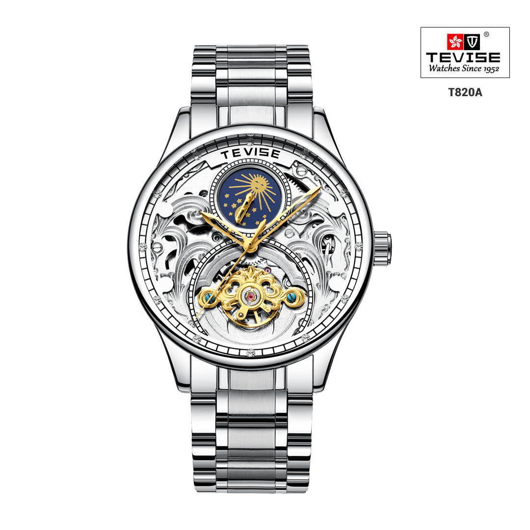 Tevise T820A Metal Business Automatic Mechanical Men Watch Moon Phase Time Display - Silver