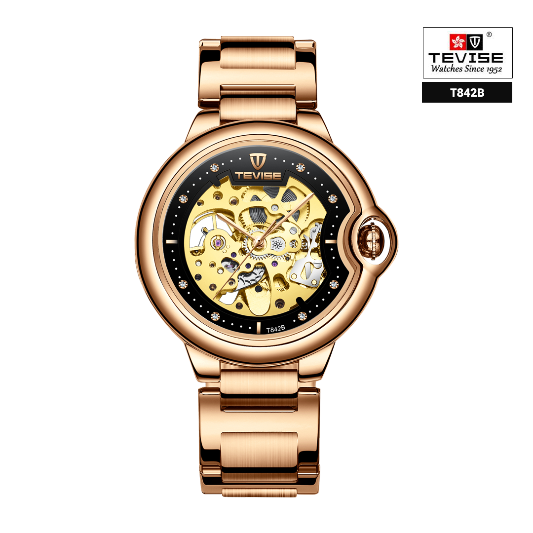 Tevise T842B Automatic Mechanical Watch Stainless Steel - Rose gold Black