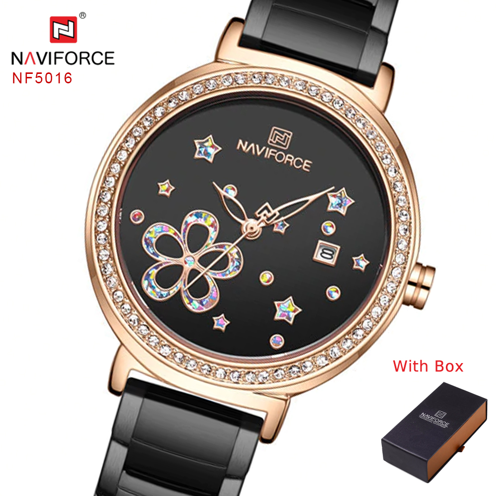 NAVIFORCE NF 5016 Luxury Brand Stainless Steel Female Watch - Rose Gold Black