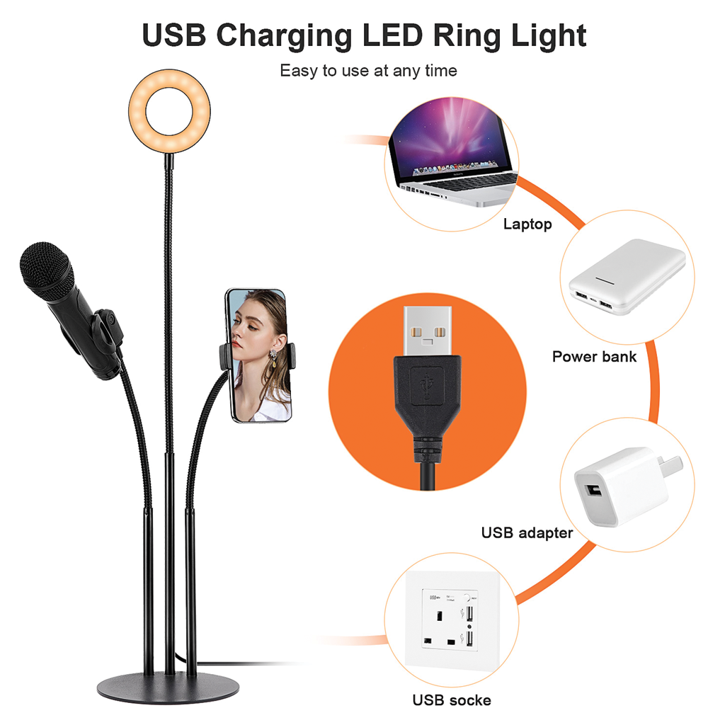 3 in 1 Selfie Led Ring Light Desktop Led Lamp Lazy Mobile Phone Holder With Microphone Holder For Video Stander
