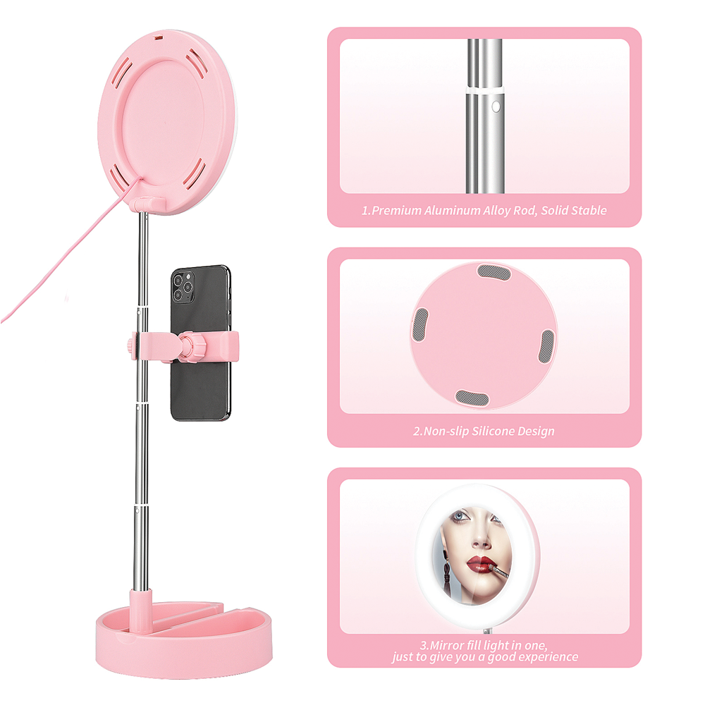 G3 LED Selfie Mirror Ring Light with Stand & Mobile Phone Holder for Video Live Stream Makeup - Pink