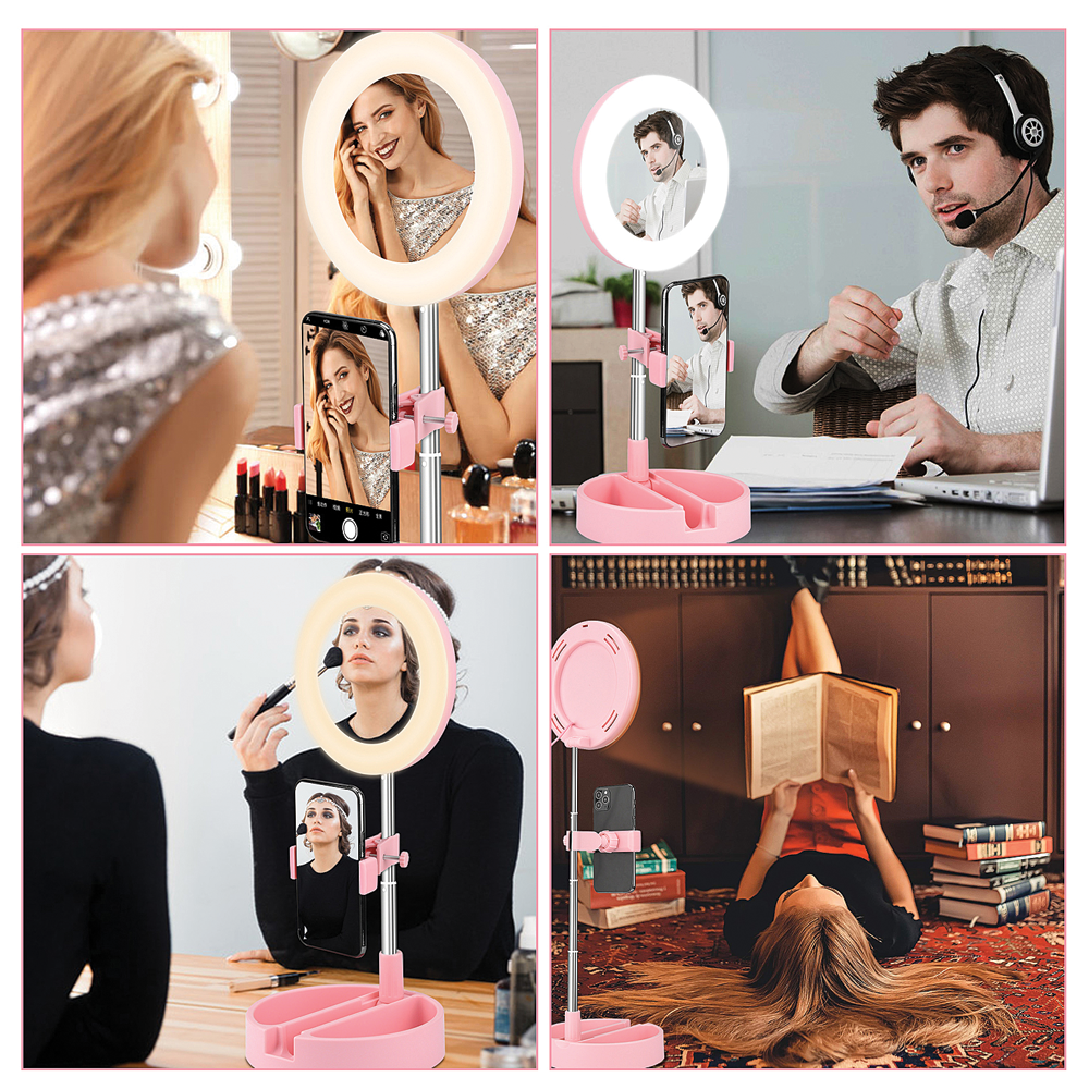 G3 LED Selfie Mirror Ring Light with Stand & Mobile Phone Holder for Video Live Stream Makeup - White