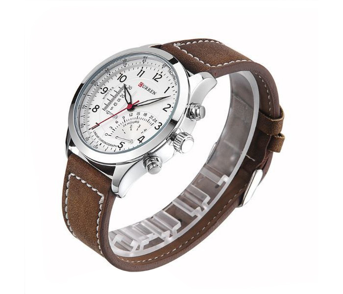 Curren 8152 Leather Band Analog Watch For Men,Silver