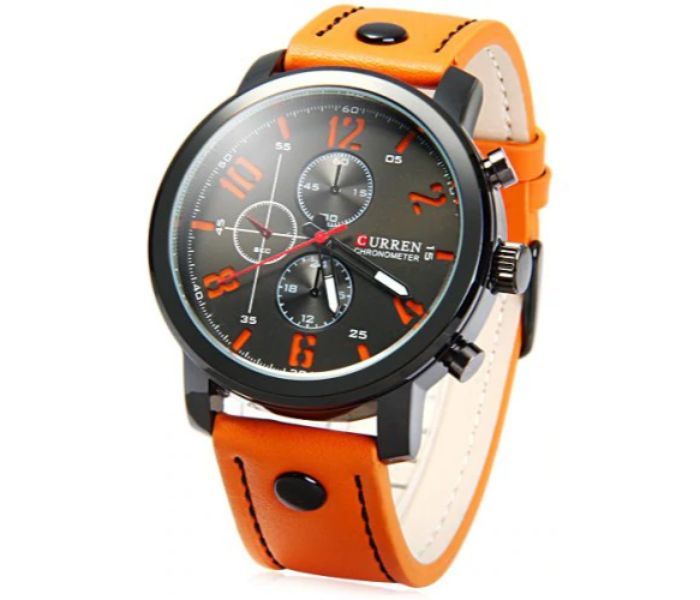 Curren 8192 Quartz Watch With Leather Band For Men Orange And Black