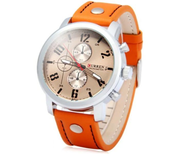 Curren 8192 Quartz Watch With Leather Band For Men Orange And Silver