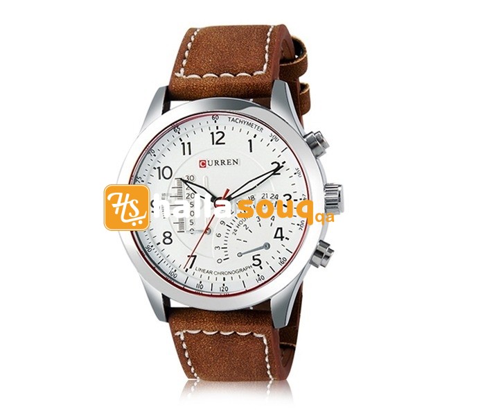 Curren 8152 Leather Band Analog Watch For Men,Silver