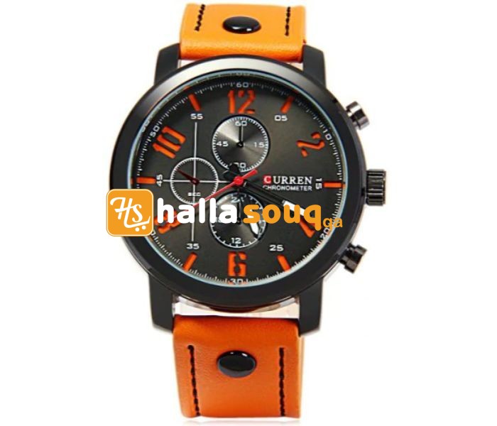 Curren 8192 Quartz Watch With Leather Band For Men Orange And Black