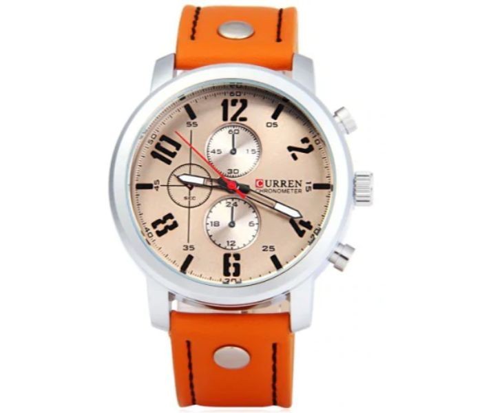 Curren 8192 Quartz Watch With Leather Band For Men Orange And Silver