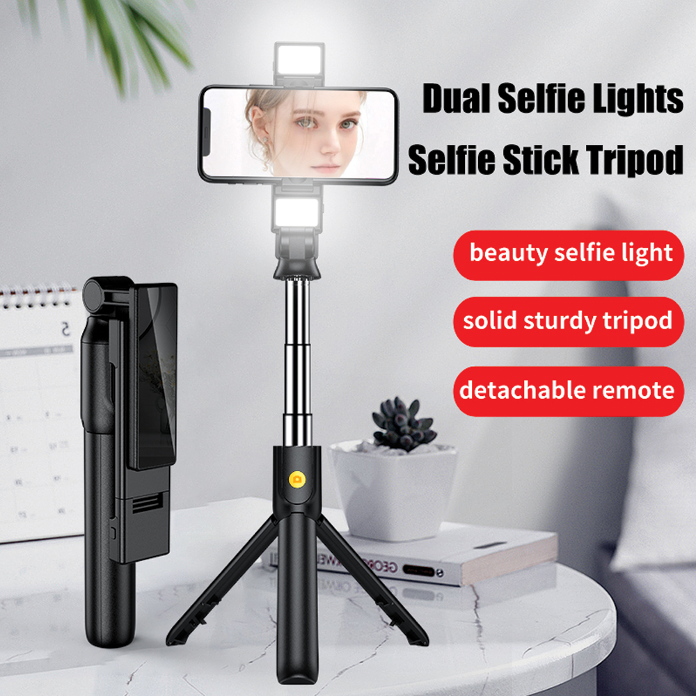 K12D Remote Bluetooth Selfie Stick with Dual Flash Light With Mirror High Quality Selfie Stick Tripod With Bluetooth For ios/ Android