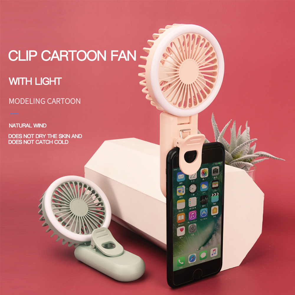 Portable Selfie LED Ring Light Mini Handheld Fan with Foldable Phone Holder Clip- Rechargeable Fan