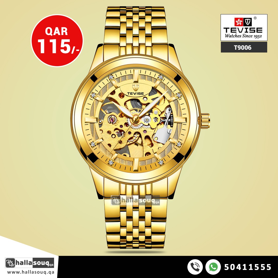 Tevise T9006 Men's Mechanical Skeleton Watch Stainless Steel - Gold