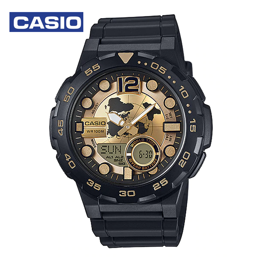 Casio AEQ-100BW-9AVDF Mens Sports Analog and Digital Watch Black and Gold