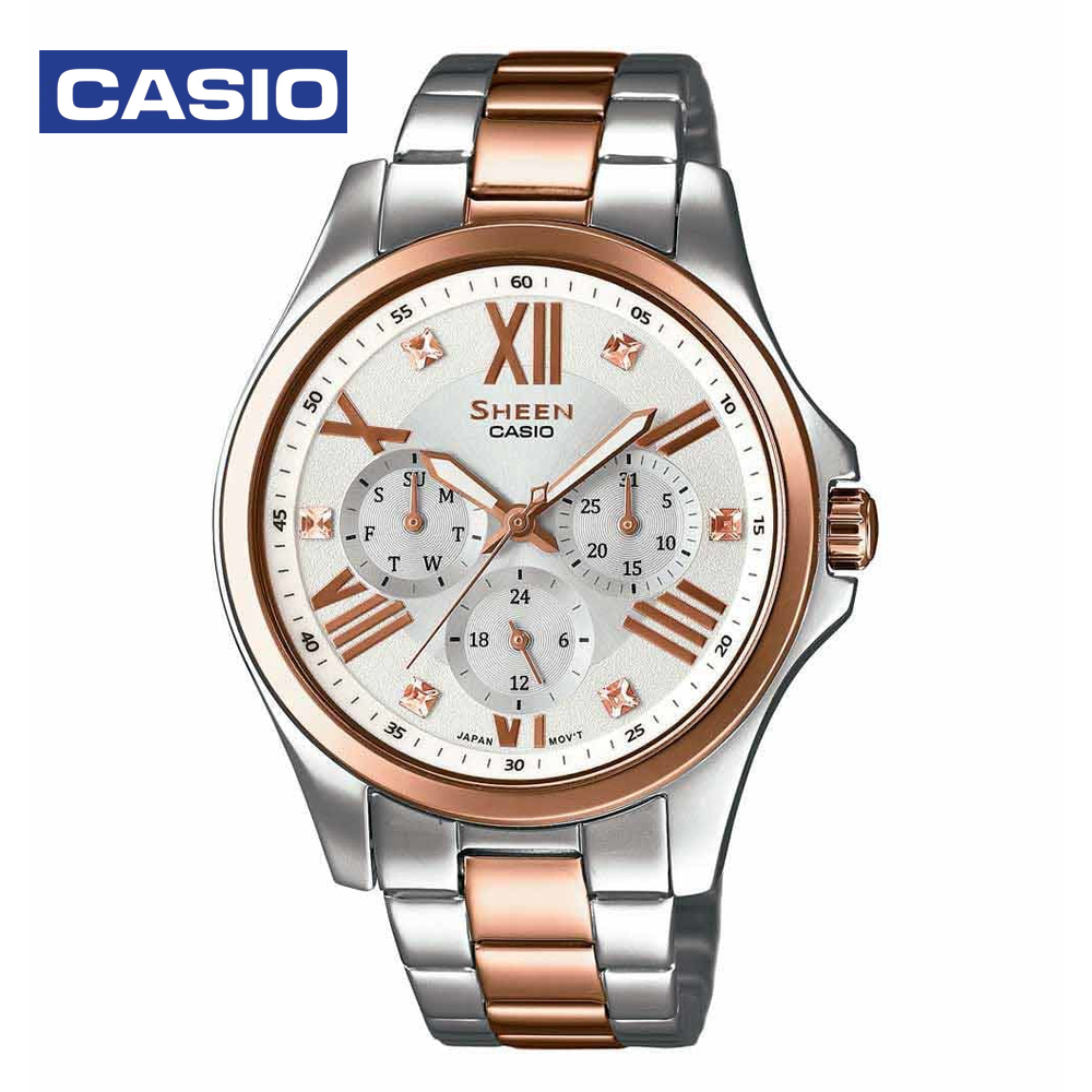 Casio Sheen SHE3806SPG-7AUDR Womens Analog Watch Silver and Rosegold