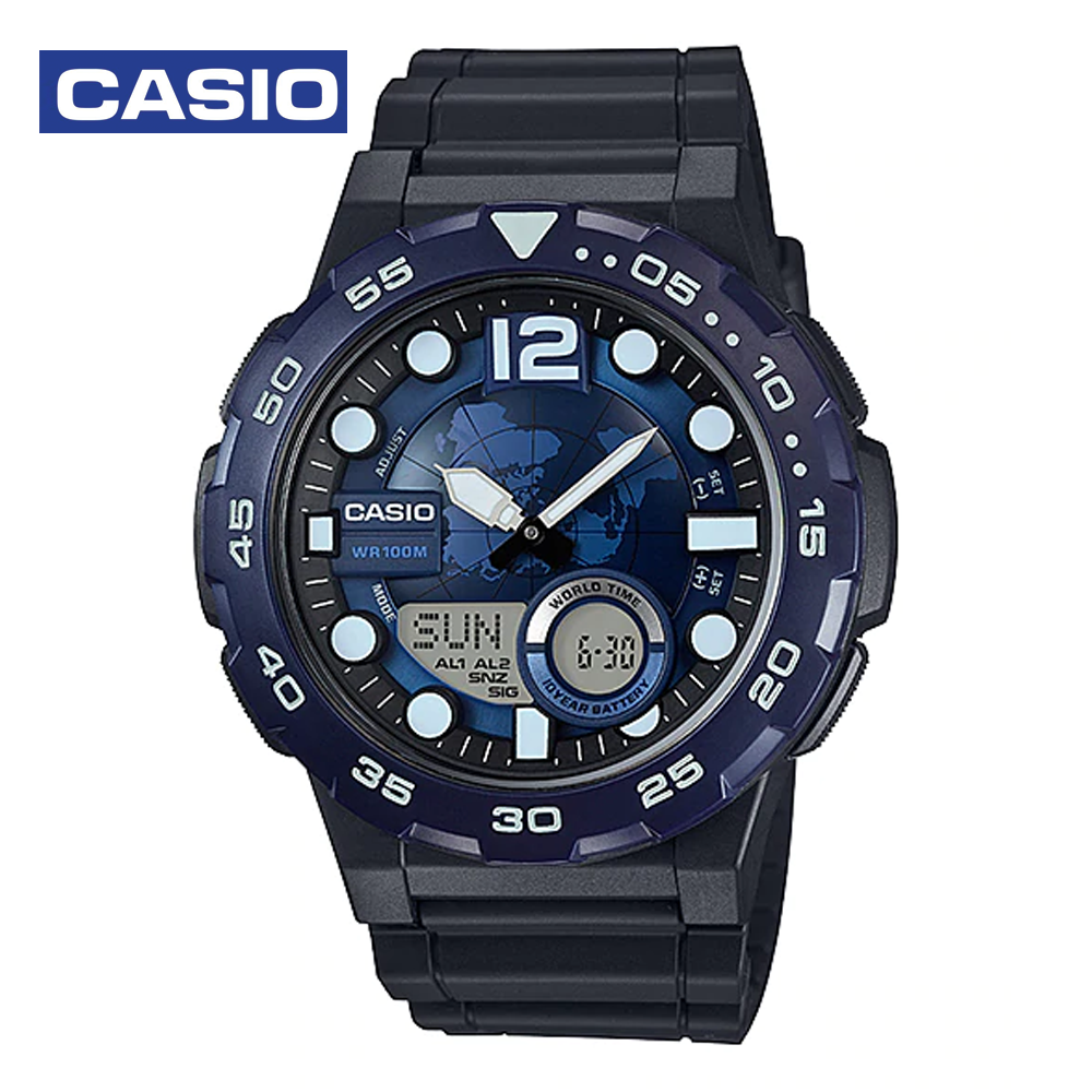 Casio AEQ-100W-2AVDF Mens Sports Analog and Digital Watch Black and Blue