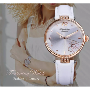 Forsining FRS 8208 Diamond Flower Automatic Women Watch Rose Gold White