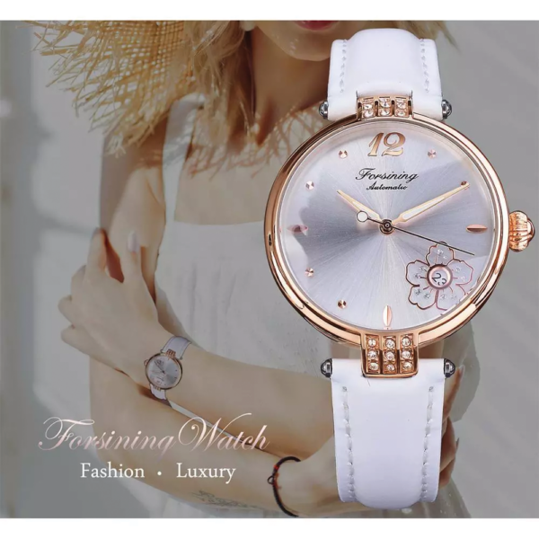 Forsining FRS 8208 Diamond Flower Automatic Women Watch Rose Gold White