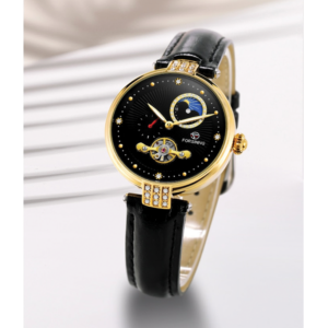 Forsining FRS 8211 Womens Automatic Watches With Moon Phase & Leather Band Gold Black
