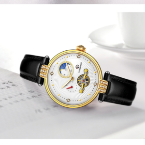 Forsining FRS 8211 Womens Automatic Watches With Moon Phase & Leather Band Gold Black White