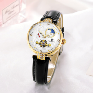 Forsining FRS 8211 Womens Automatic Watches With Moon Phase & Leather Band Gold Black White