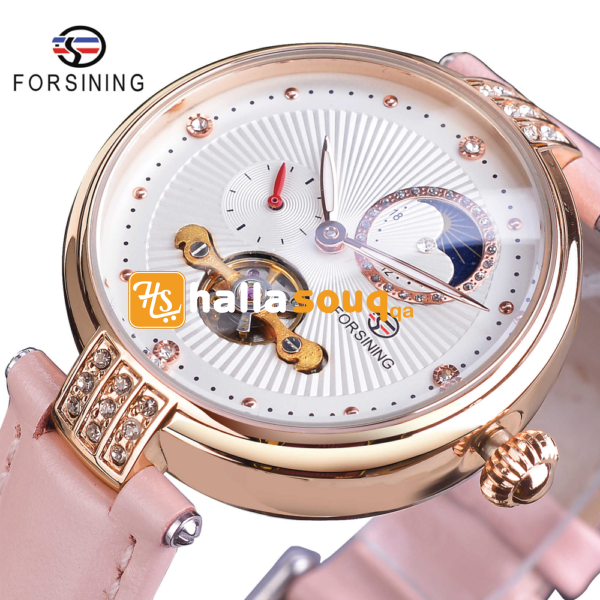 Forsining FRS 8211 Womens Automatic Watches With Moon Phase & Leather Band Pink