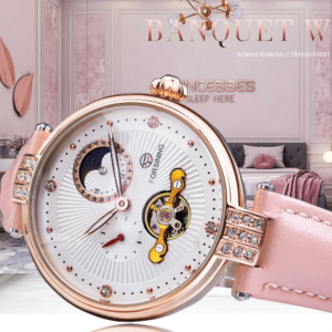 Forsining FRS 8211 Womens Automatic Watches With Moon Phase & Leather Band Pink