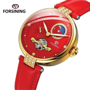Forsining FRS 8211 Womens Automatic Watches With Moon Phase & Leather Band Red
