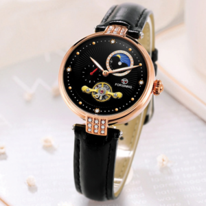 Forsining FRS 8211 Womens Automatic Watches With Moon Phase & Leather Band Rose gold Black