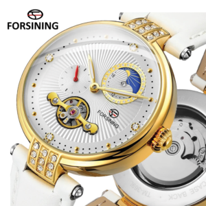 Forsining FRS 8211 Womens Automatic Watches With Moon Phase & Leather Band White
