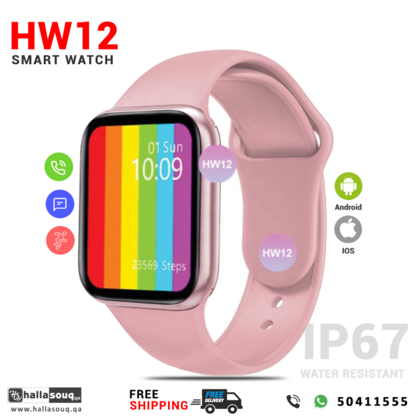 HW12 Smart Watch With Heart Rate Tracker and Blood oxygen monitor - Pink