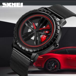 SKMEI SK 1634SBK Men's Watch Rotating Car Wheel Dial  - Black Steel Belt