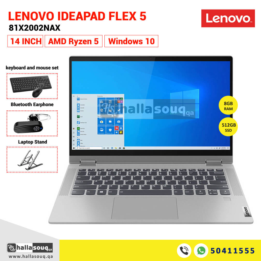 Lenovo Ideapad Flex 5-81X2002NAX, AMD Ryzen5-4500U, 8GB RAM, 512GB SSD, 14" FHD - Grey