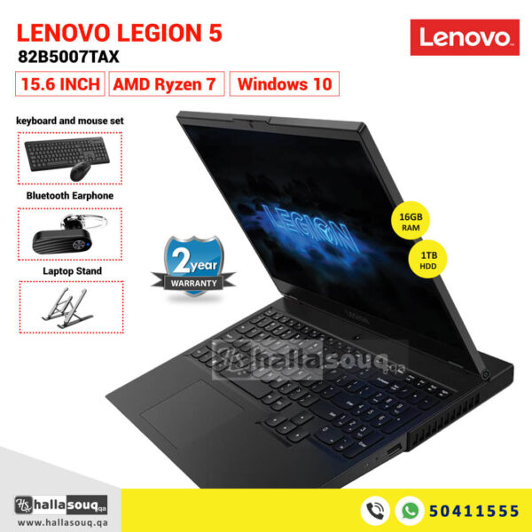 Lenovo Legion 5 15ARH05, 82B5007TAX, AMD Ryzen 7 4800H, 16GB RAM, 1TB HDD, 128GB SSD, 15.6 Inches FHD Display, Windows 10, 2 Years Warranty - Black