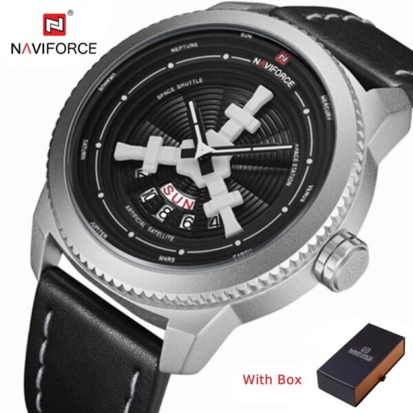 NAVIFORCE NF 9156 Men's Watch Sport Waterproof Wristwatch Leather Band Quartz - Silver Black