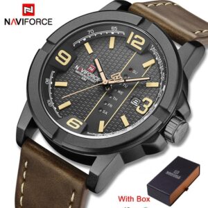 NAVIFORCE NF 9177 Men's Watch Leather Strap allocate Date and Week - Brown Silver