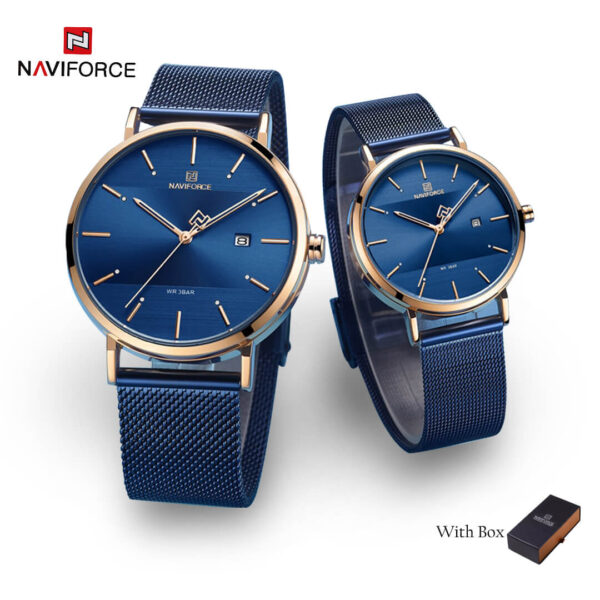 NAVIFORCE NF 3008 Couple Watch Mesh band Stainless Steel - Blue Rose Gold