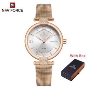 NAVIFORCE NF 5019 Women's Stainless Steel Mesh band Watch - Rose Gold Green