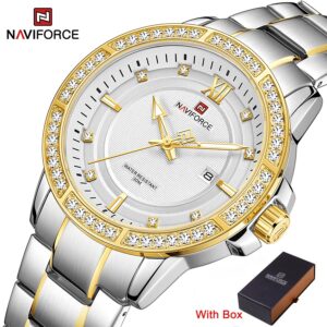 NAVIFORCE NF 9187 Men's watch with Date and Rhinestone - Silver Rose Gold