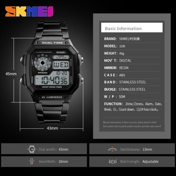 SKMEI SK 1335SI Men's Watch Stainless Steel Strap Digital Watch - Silver
