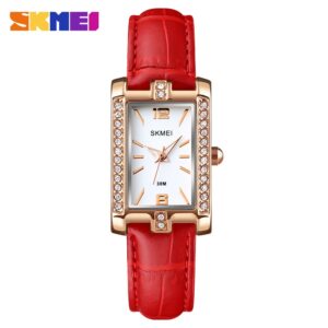 SKMEI SK 1690LWT Women's Watch Square Diamond Leather Strap - White