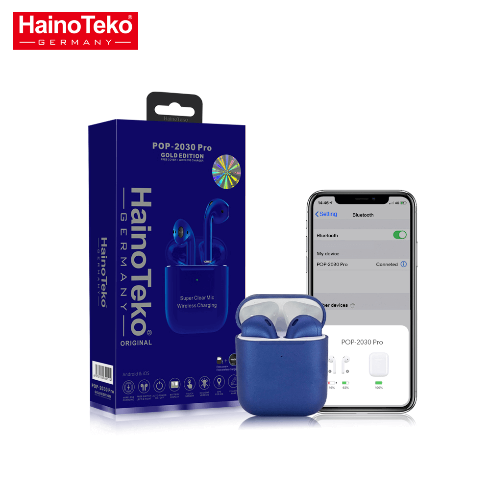 Haino Teko POP 2030 pro Gold Edition Bluetooth wireless Earpods with Case and Wireless Charger - Blue
