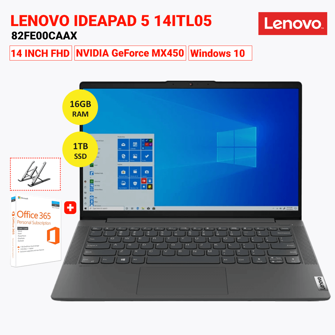LENOVO IdeaPad 5 14ITL05 82FE00CAAX Laptop (i7-1165G7, 16GB RAM, 1TB SSD,NVIDIA GeForce MX450 2GB, 14 Inch FHD, Windows 10 + MS Office 365) - Grey