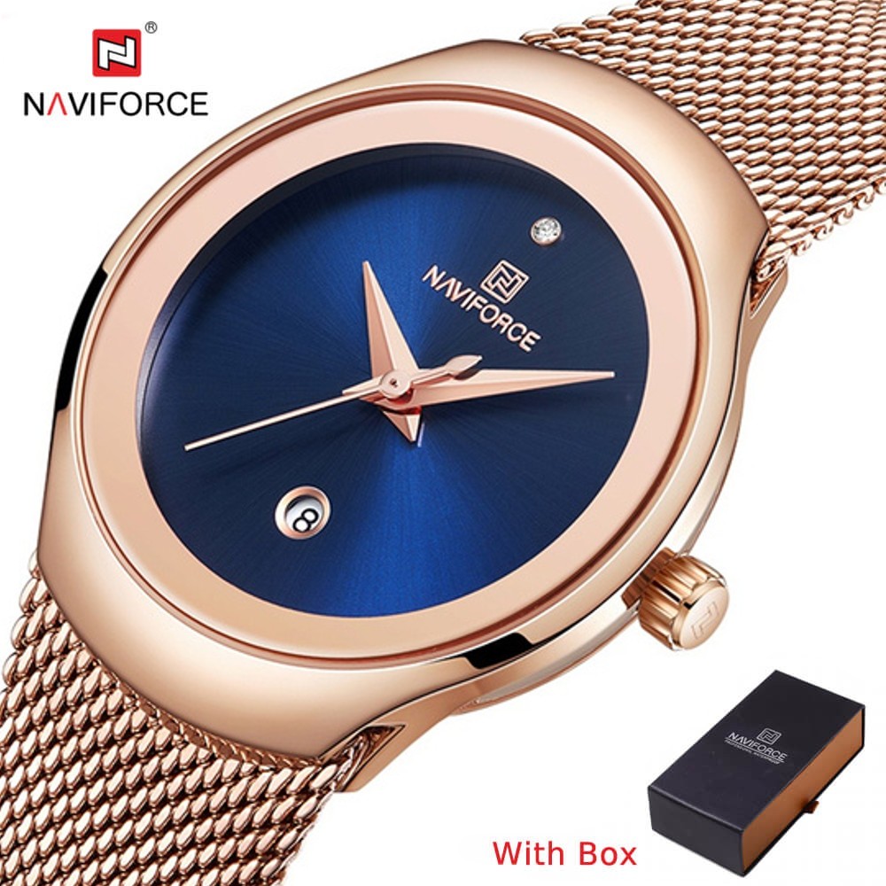 NAVIFORCE NF 5004 Women's Watch Waterproof Simple Steel Mesh Strap with Date Wristwatch-ROSE GOLD BLUE
