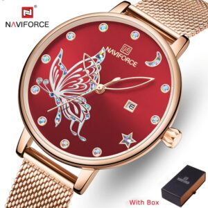 NAVIFORCE NF 5011 Luxury brand Stainless steel Women's watch Waterproof-Rose Gold Red