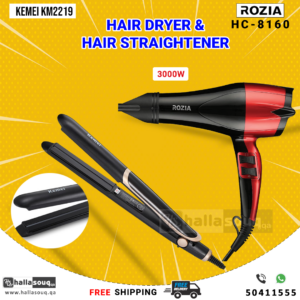Rozia HC-8160 Hair Dryer & Kemei KM - 2219 Electric Hair straightener Combo