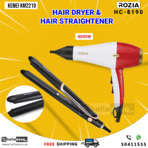 Rozia HC-8190 Professional Hair Dryer & Kemei KM-2219 Hair Straightener