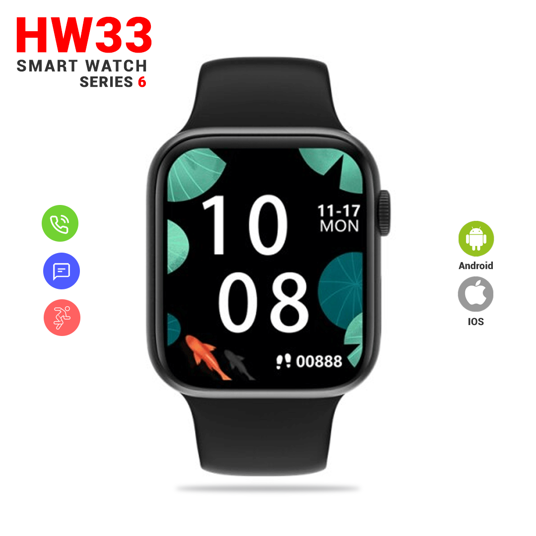 HW33 Series 6 Smart Watch, 44mm, 1.75 Inch Full screen With blood oxygen monitoring - Black