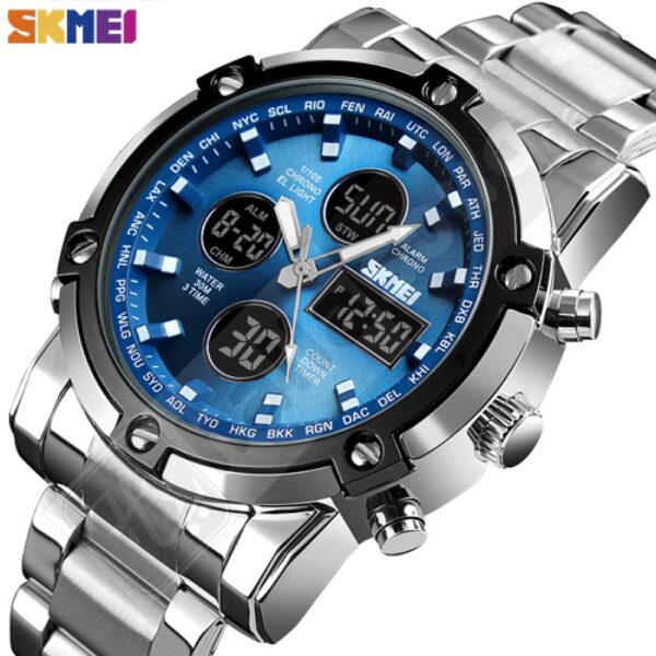 SKMEI SK 1389 High Quality Quartz Wristwatches Men Business Stainless Steel Watches Dual Display Luxury Military Watch-Silver Black